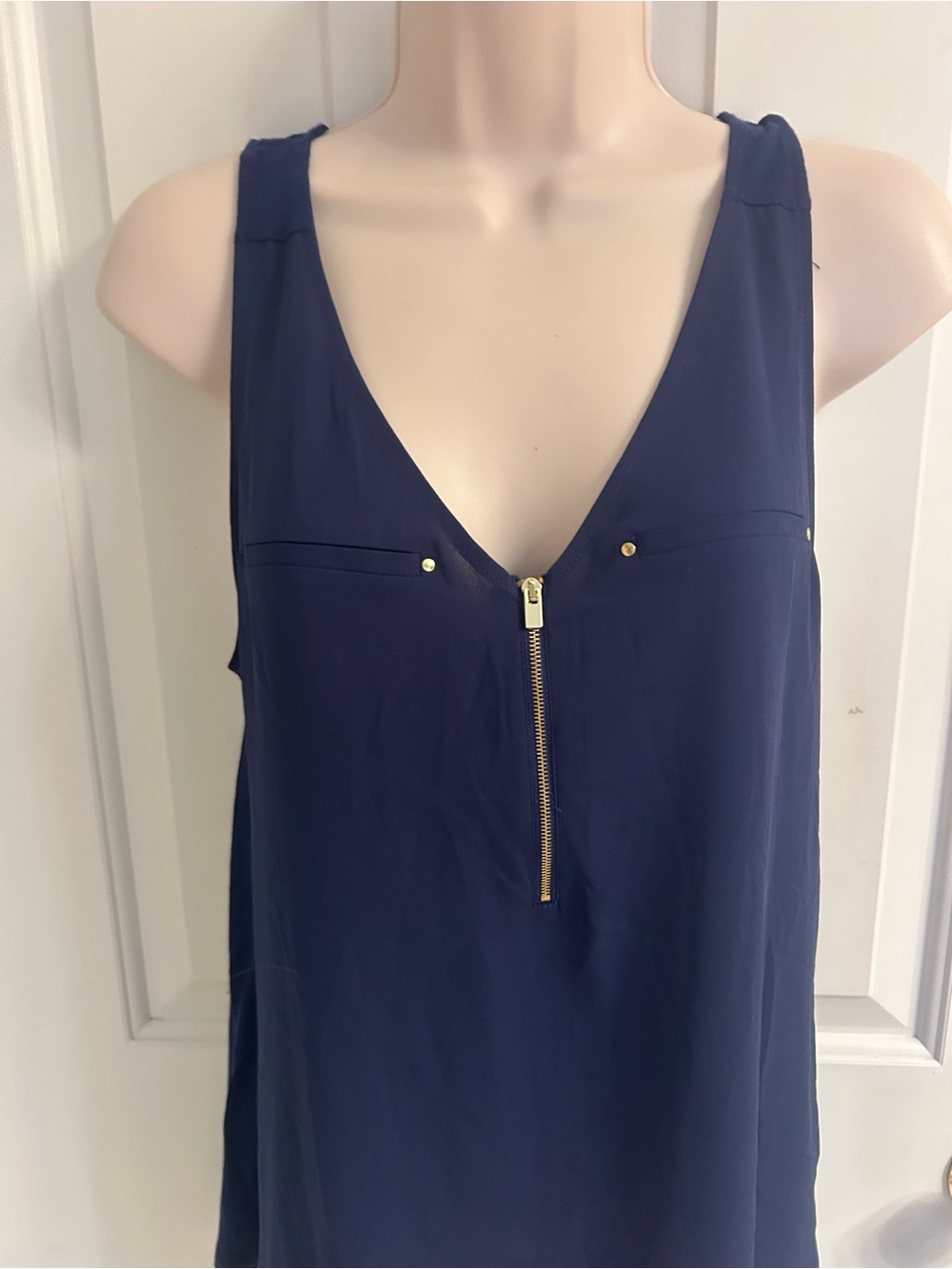 NWT-Express Blue  V-Neck Sleeveless Tank with Gold Zip - Picture 2 of 12